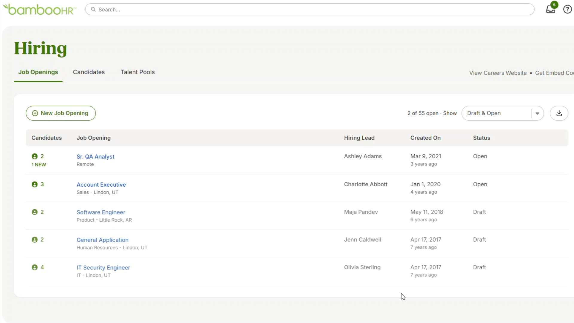 GIF of the Hiring dashboard with tabs across the top: Job Openings, Candidates, Talent Pools. The focus is on the location of the Talent Pools tab.